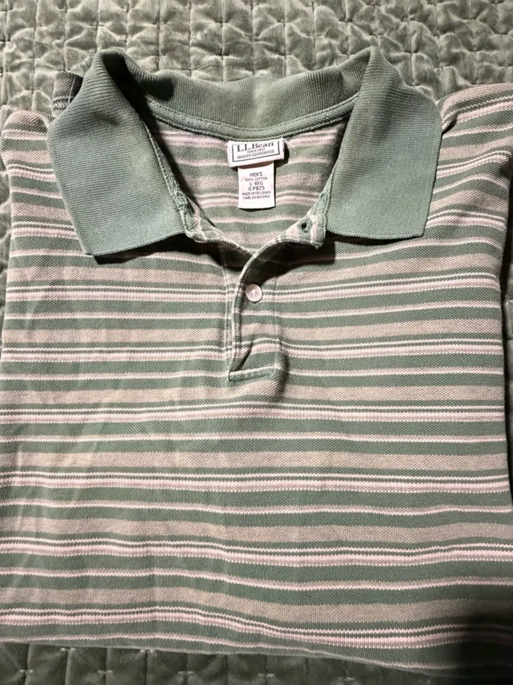 L.L. Bean striped polo shirt short-sleeved green, white, tan‎ 100% cotton, large